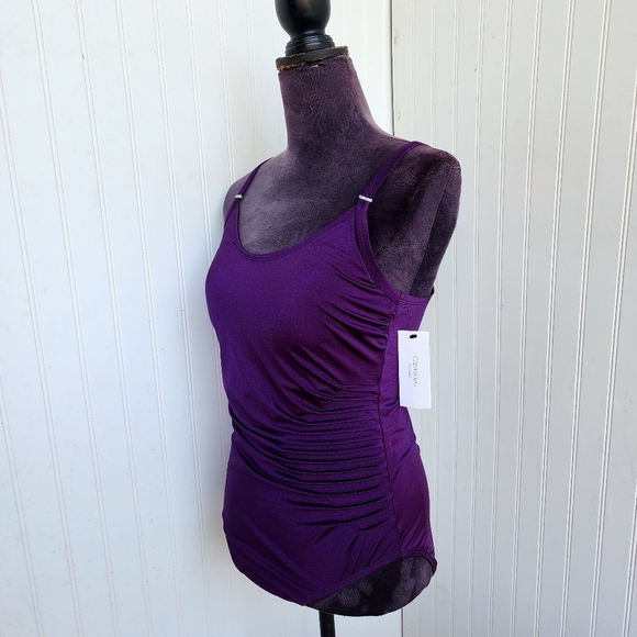 NWT $108 Calvin Klein Swimwear Starburst Shiny Purple Eggplant Swimsuit Size 12 - Picture 6 of 16